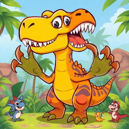 A cartoon dinosaur with an excited and adventurous expression, showcasing its large, exaggerated claws that highlight its strong and dynamic nature