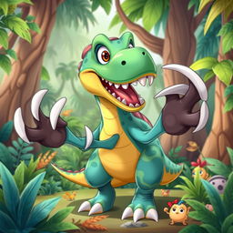 A cartoon dinosaur with an excited and adventurous expression, showcasing its large, exaggerated claws that highlight its strong and dynamic nature