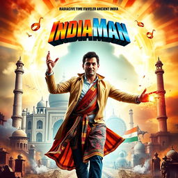 A dynamic and colorful movie poster for 'IndiaMan', depicting a British man in mid-transformation into a heroic figure called IndiaMan