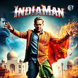 A dynamic and colorful movie poster for 'IndiaMan', depicting a British man in mid-transformation into a heroic figure called IndiaMan