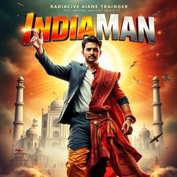 A dynamic and colorful movie poster for 'IndiaMan', depicting a British man in mid-transformation into a heroic figure called IndiaMan