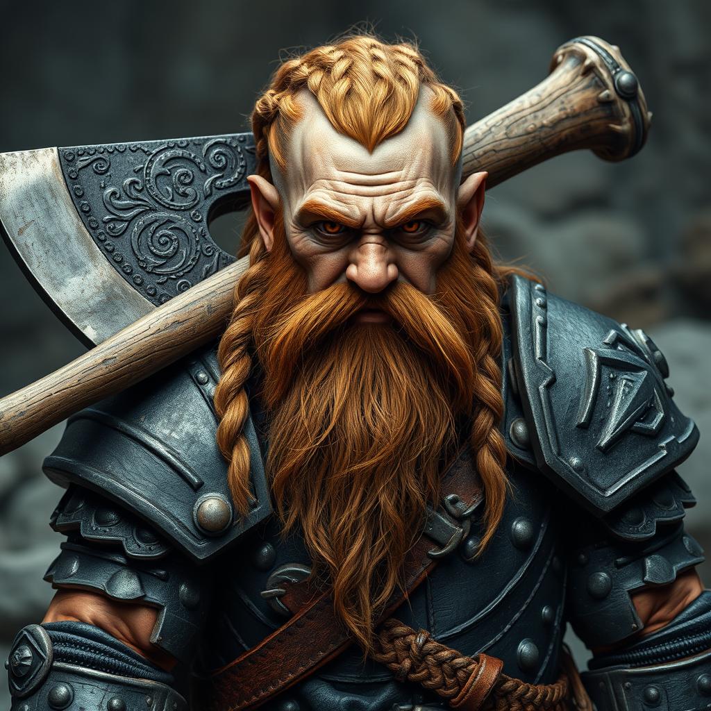 A full-height image of a dwarf with a battle-scarred face and brown eyes, showcasing a long ginger beard and braided hair