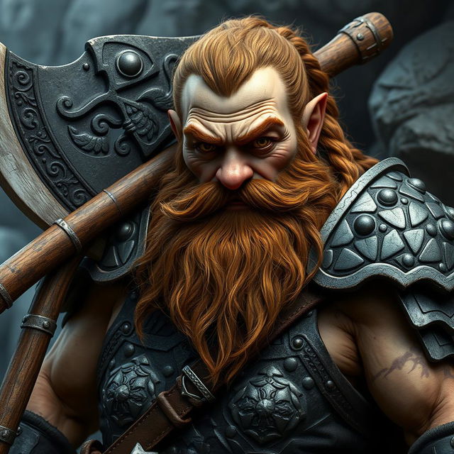 A full-height image of a dwarf with a battle-scarred face and brown eyes, showcasing a long ginger beard and braided hair