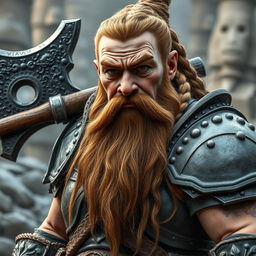 A full-height image of a dwarf with a battle-scarred face and brown eyes, showcasing a long ginger beard and braided hair