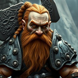 A full-height image of a dwarf with a battle-scarred face and brown eyes, showcasing a long ginger beard and braided hair