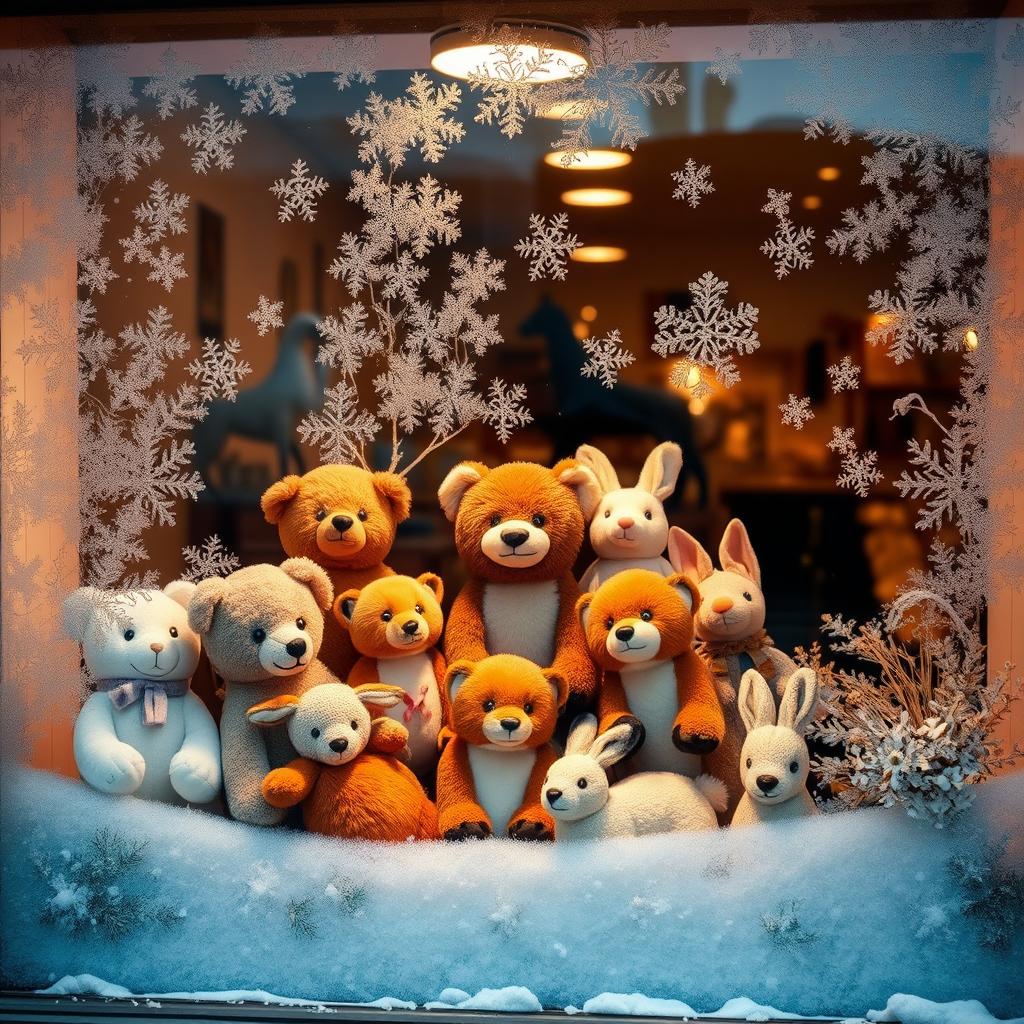 Realistic animal toys displayed behind a frost-covered window