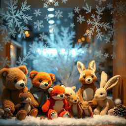 Realistic animal toys displayed behind a frost-covered window