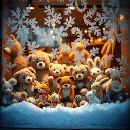 Realistic animal toys displayed behind a frost-covered window