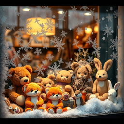 Realistic animal toys displayed behind a frost-covered window