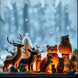 Photorealistic forest animal toys displayed behind a frost-covered window