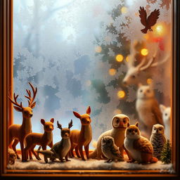 Photorealistic forest animal toys displayed behind a frost-covered window