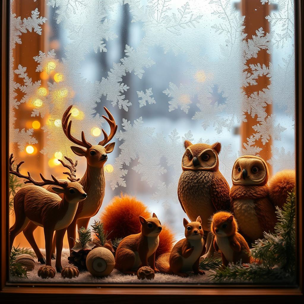 Photorealistic forest animal toys displayed behind a frost-covered window