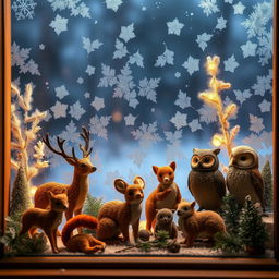 Photorealistic forest animal toys displayed behind a frost-covered window