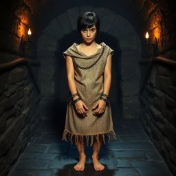 A young woman with short black hair, wearing a burlap potato sack, is locked in the dungeons of a stone castle