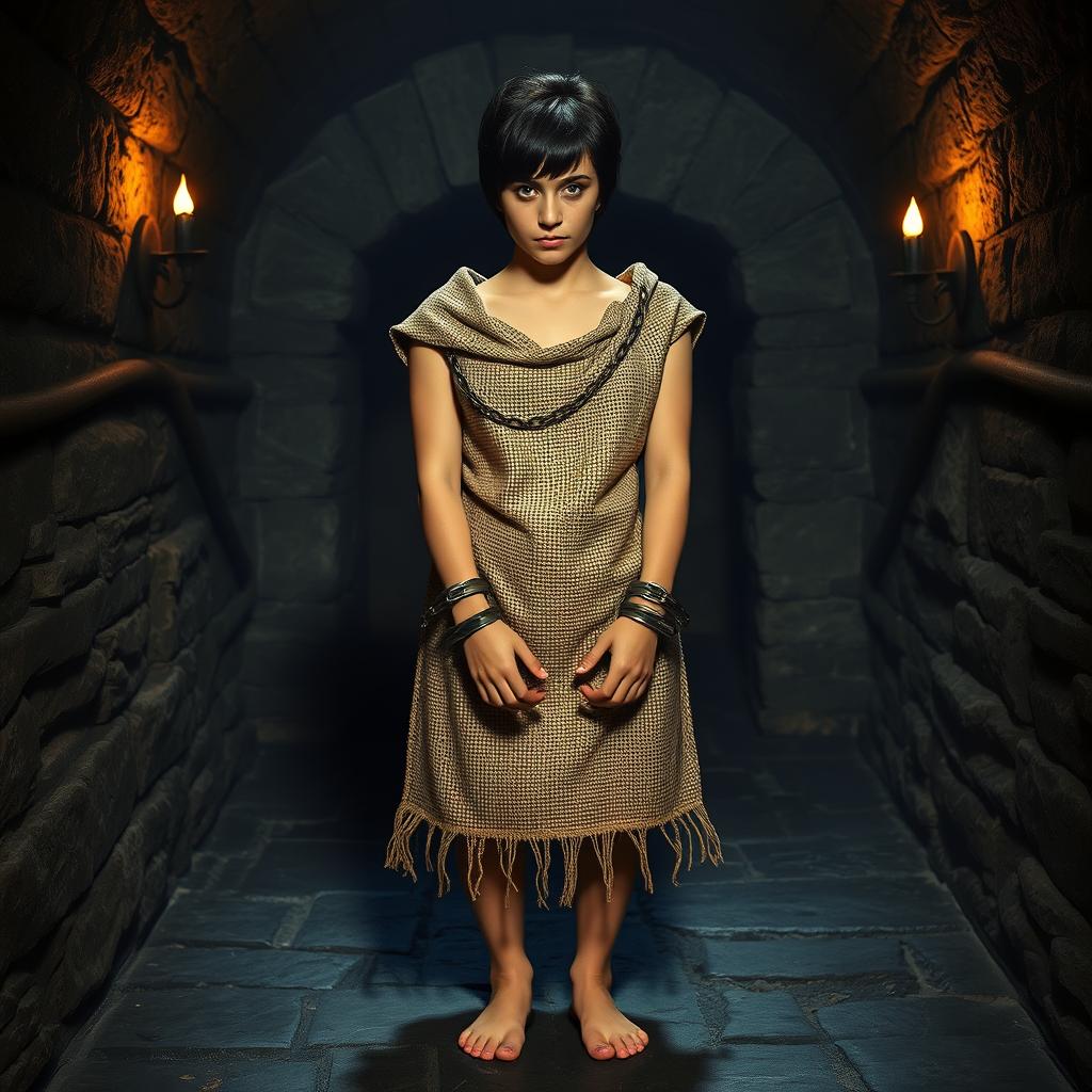 A young woman with short black hair, wearing a burlap potato sack, is locked in the dungeons of a stone castle
