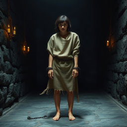 A young woman with short black hair, wearing a burlap potato sack, is locked in the dungeons of a stone castle