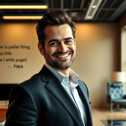 An artistic representation of a confident and charismatic man resembling Pablo Marçal, wearing a stylish suit with a charismatic smile, standing in a modern and elegant office space with motivational quotes subtly integrated into the background