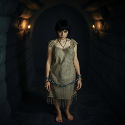A young woman with short black hair, wearing a burlap potato sack, is locked in the dungeons of a stone castle