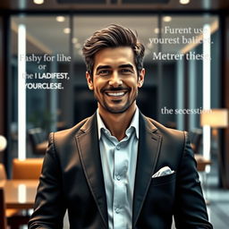 An artistic representation of a confident and charismatic man resembling Pablo Marçal, wearing a stylish suit with a charismatic smile, standing in a modern and elegant office space with motivational quotes subtly integrated into the background