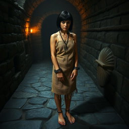 A young woman with short black hair, wearing a burlap potato sack, is locked in the dungeons of a stone castle