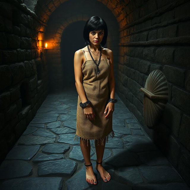 A young woman with short black hair, wearing a burlap potato sack, is locked in the dungeons of a stone castle