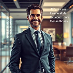 An artistic representation of a confident and charismatic man resembling Pablo Marçal, wearing a stylish suit with a charismatic smile, standing in a modern and elegant office space with motivational quotes subtly integrated into the background