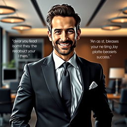 An artistic representation of a confident and charismatic man resembling Pablo Marçal, wearing a stylish suit with a charismatic smile, standing in a modern and elegant office space with motivational quotes subtly integrated into the background