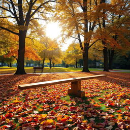 A picturesque autumn scene featuring a classic wooden seesaw in a park