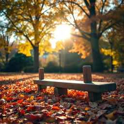 A picturesque autumn scene featuring a classic wooden seesaw in a park