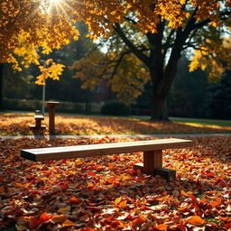 A picturesque autumn scene featuring a classic wooden seesaw in a park