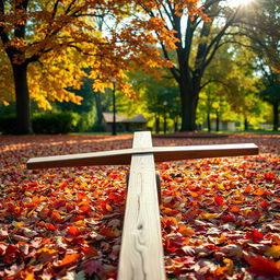 A picturesque autumn scene featuring a classic wooden seesaw in a park