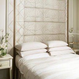 A modern French-inspired bedroom with elegant wall designs and a calming color scheme