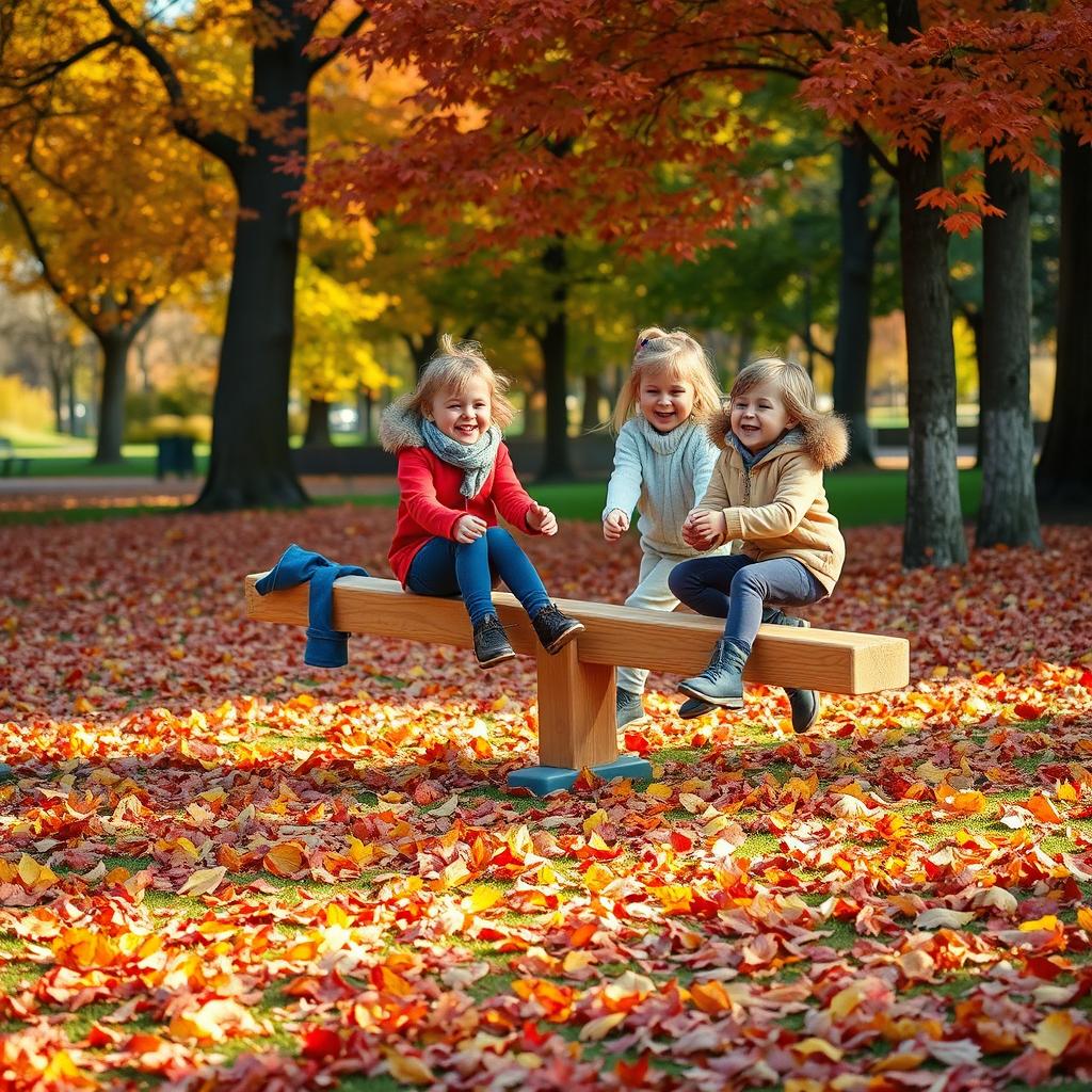 A lively autumn park scene featuring children joyfully playing on a classic wooden seesaw