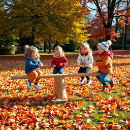 A lively autumn park scene featuring children joyfully playing on a classic wooden seesaw