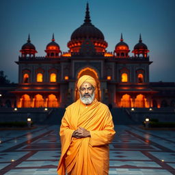 A dignified portrayal of Mahant Swami Maharaj standing with grace and serenity in front of the majestic Akshardham temple