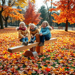 A lively autumn park scene featuring children joyfully playing on a classic wooden seesaw