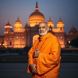 A dignified portrayal of Mahant Swami Maharaj standing with grace and serenity in front of the majestic Akshardham temple