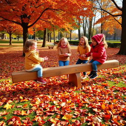 A lively autumn park scene featuring children joyfully playing on a classic wooden seesaw