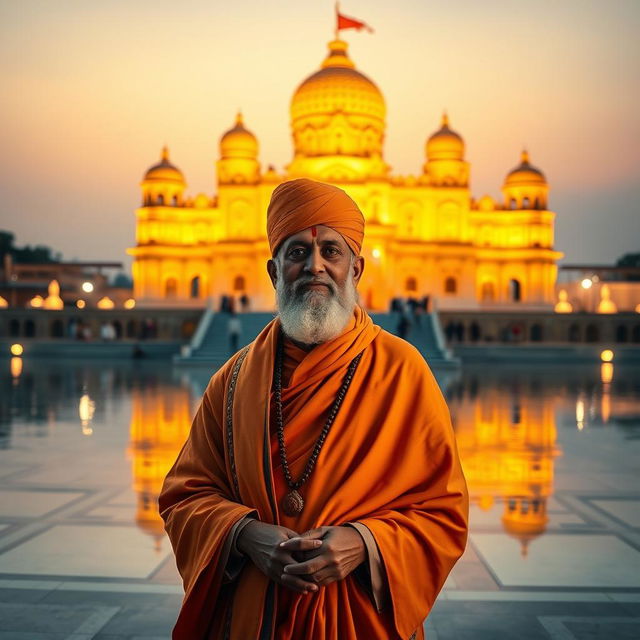 A dignified portrayal of Mahant Swami Maharaj standing with grace and serenity in front of the majestic Akshardham temple