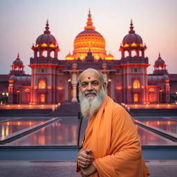 A dignified portrayal of Mahant Swami Maharaj standing with grace and serenity in front of the majestic Akshardham temple