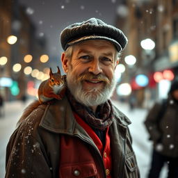 A charismatic bearded older male model standing on a snowy night street