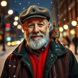 A charismatic bearded older male model standing on a snowy night street