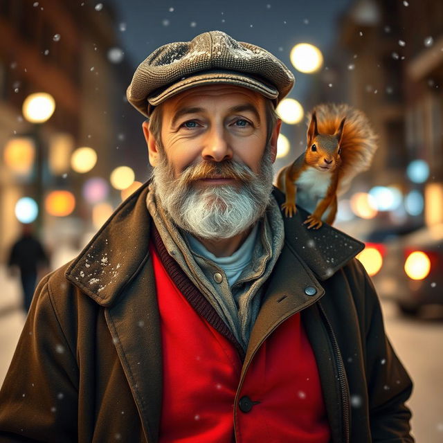 A charismatic bearded older male model standing on a snowy night street