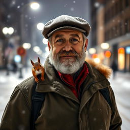 A charismatic bearded older male model standing on a snowy night street