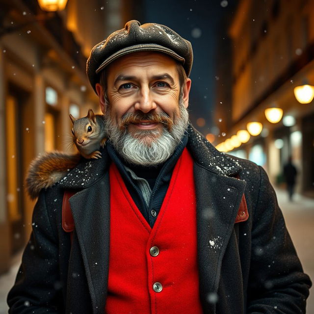 A gorgeous bearded older Italian male model standing confidently on a snowy night street