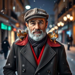 A gorgeous bearded older Italian male model standing confidently on a snowy night street