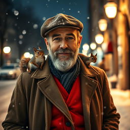 A gorgeous bearded older Italian male model standing confidently on a snowy night street