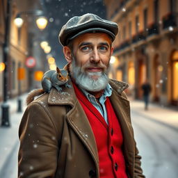 A gorgeous bearded older Italian male model standing confidently on a snowy night street