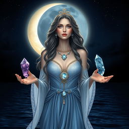 A mystical Pisces Goddess holding Amethyst, Moonstone, Aquamarine, and Fluorite, each gemstone gleaming with ethereal energy