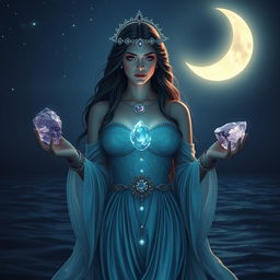 A mystical Pisces Goddess holding Amethyst, Moonstone, Aquamarine, and Fluorite, each gemstone gleaming with ethereal energy